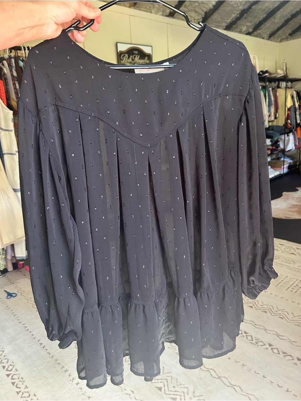 Ces Femme Black Swiss Dot Sheer Babydoll Peplum Blouse L Cottagecore Boho